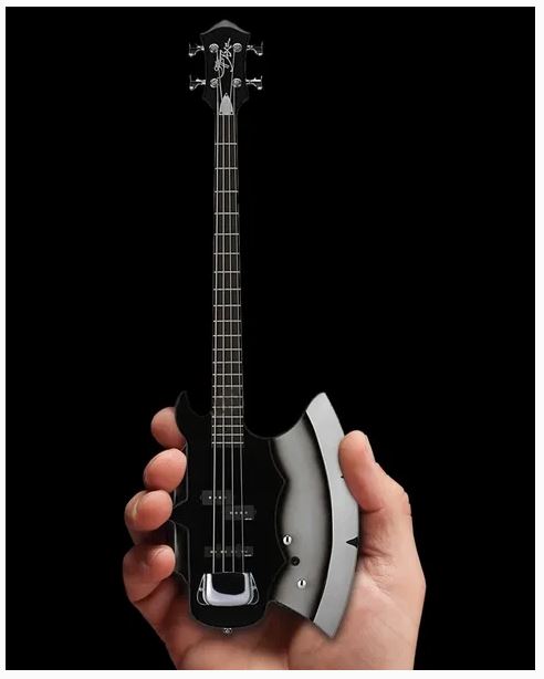 An electric guitar with an axe