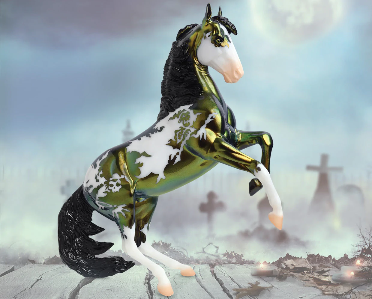A white horse with green and gold details